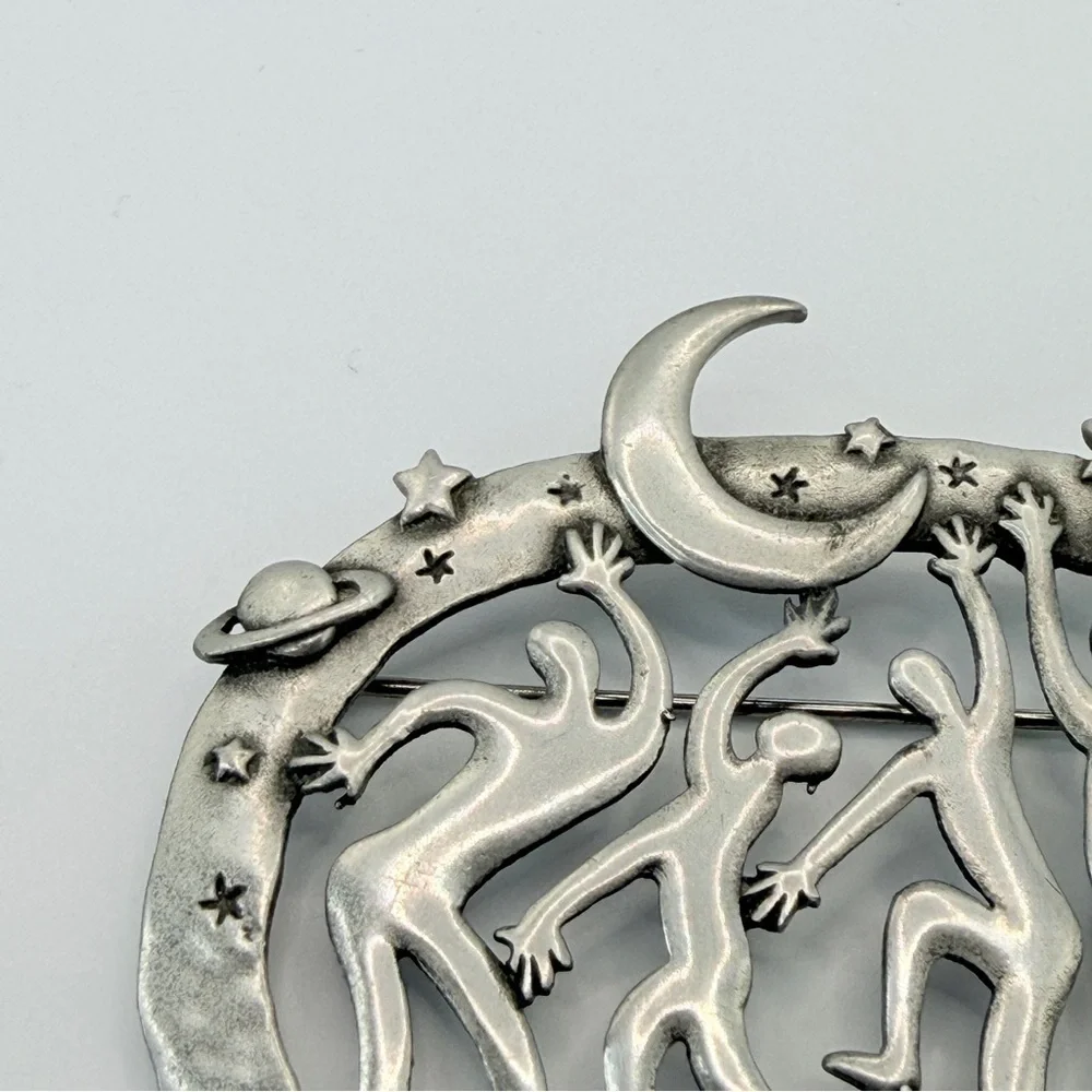 JJ Jonette Jewelry Co Pewter Style Tribal Dancers Saturn Moon Star Pin Vintage
